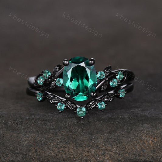 Oval cut green emerald engagement ring set black gold twig leaf emerald ring nature inspired wedding ring art deco bridal promise ring set