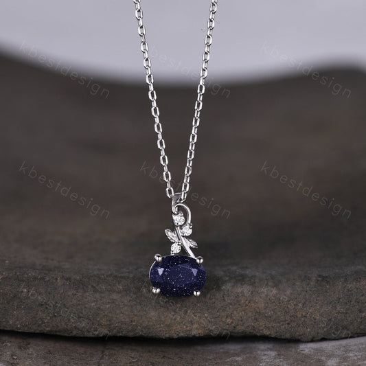 Oval Cut Galaxy Blue Sandstone Necklace Silver Vintage Art Deco Necklace for Women Nature Inspired Moissanite Pendant Anniversary Gift