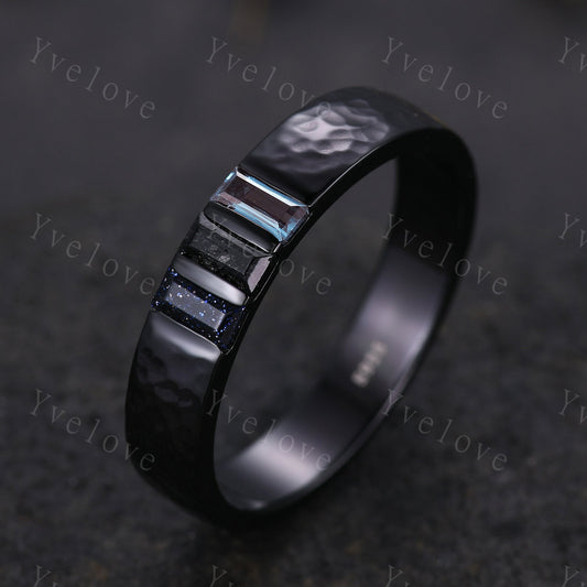 Mens Alexandrite Black Quartz Wedding Band Baguette Cut Sandstone Band 5mm Black Gold Ring Mens Hammered Stacking Matching Band Vintage Gift