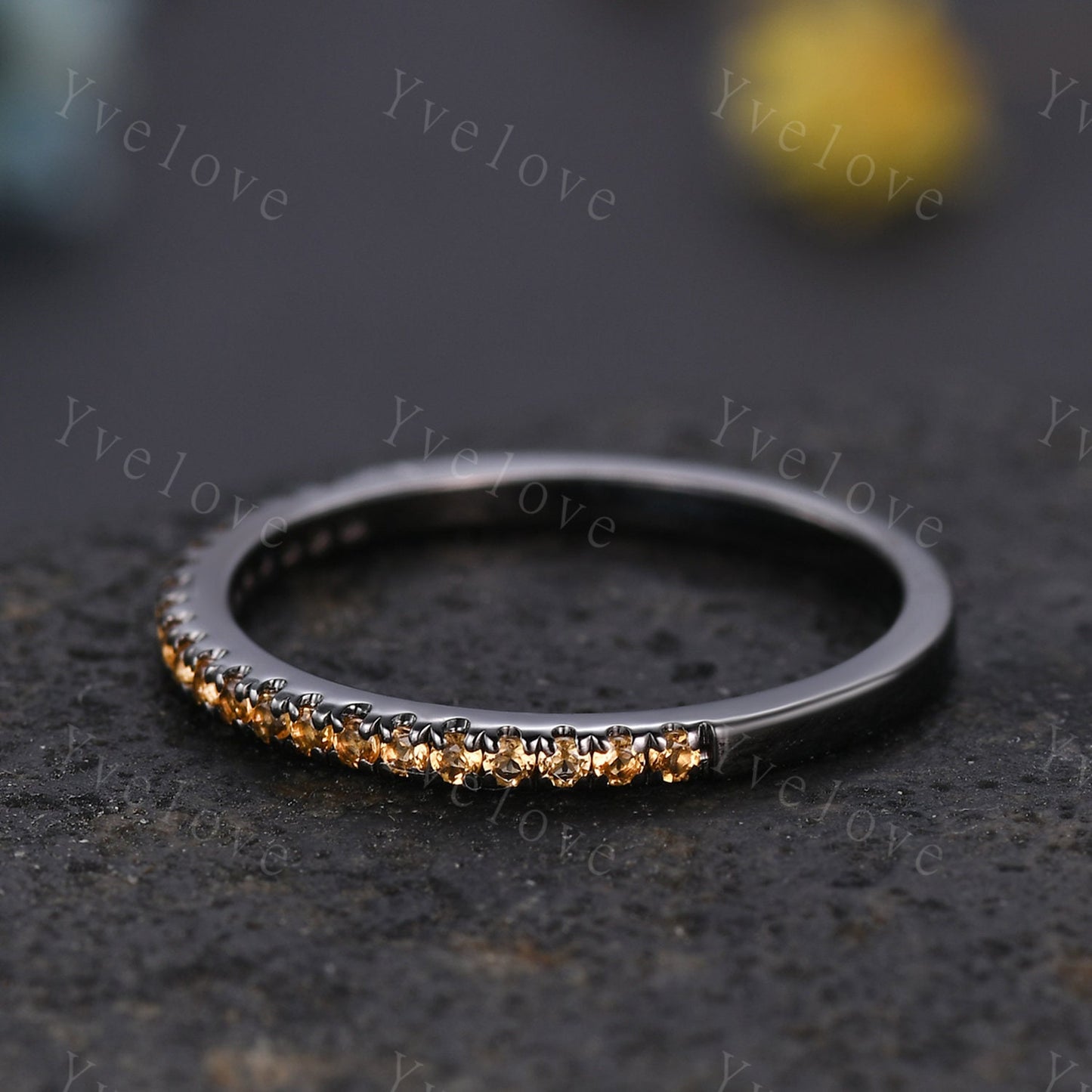 Danity citrine wedding ring 14k black gold wedding band half eternity black band citrine matching stacking ring anniversary gift for women