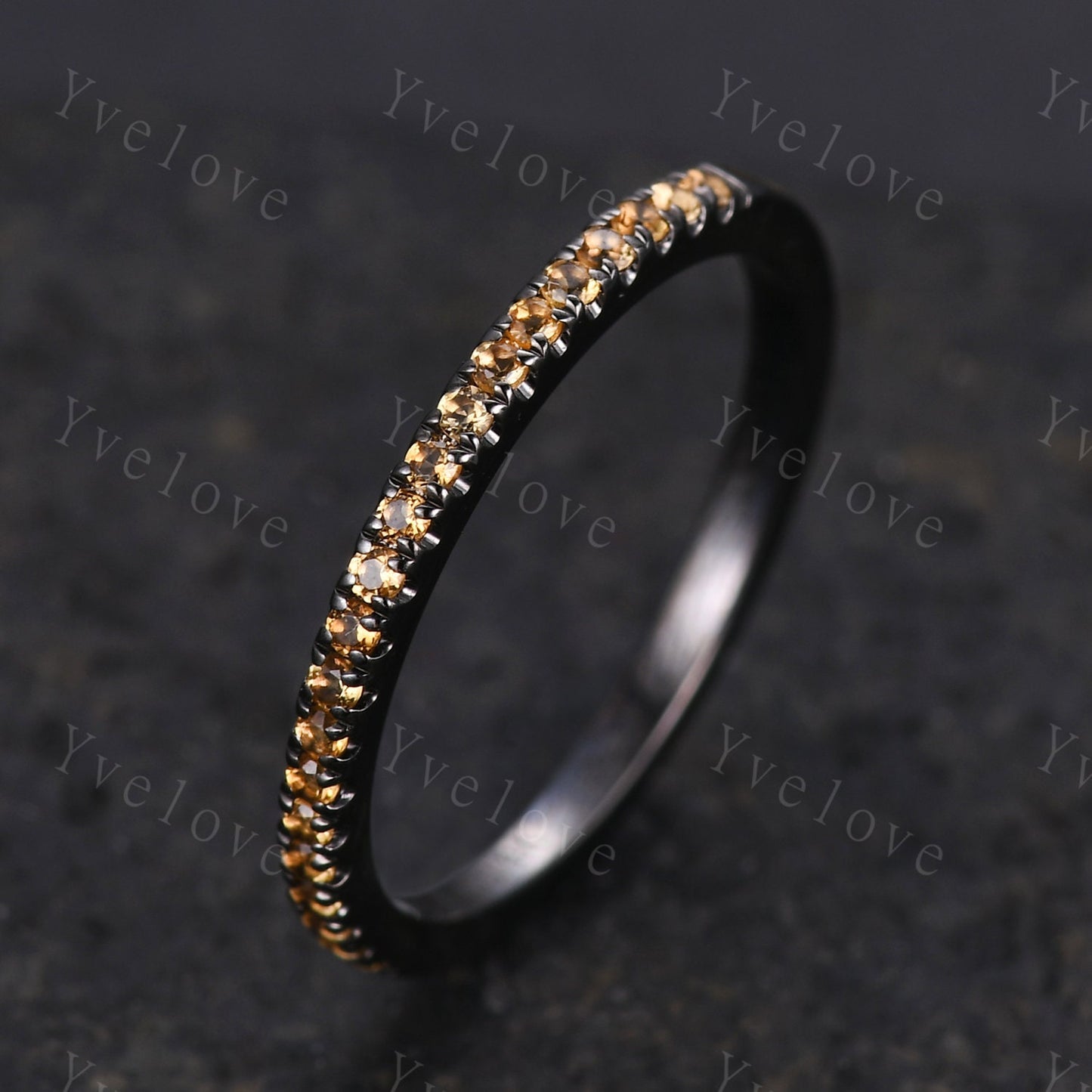 Danity citrine wedding ring 14k black gold wedding band half eternity black band citrine matching stacking ring anniversary gift for women