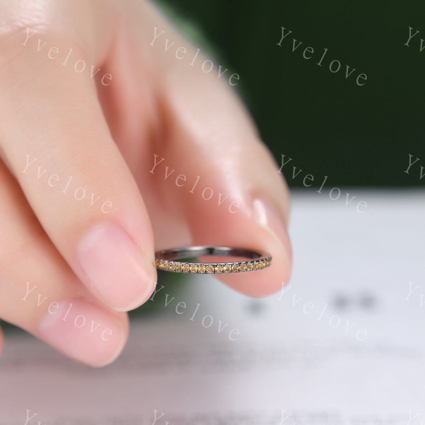 Danity citrine wedding ring 14k black gold wedding band half eternity black band citrine matching stacking ring anniversary gift for women