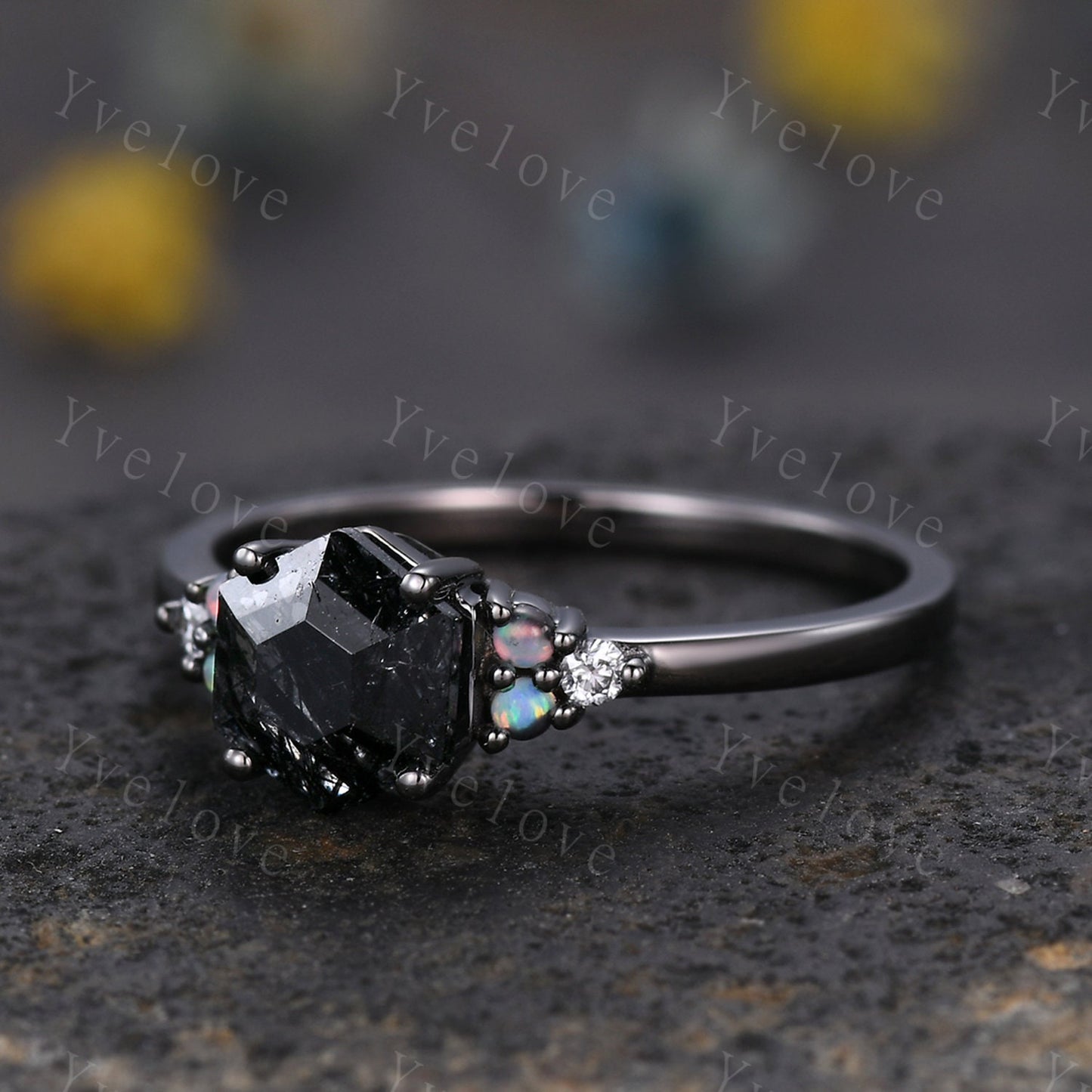 Unique Hexagon Black Rutilated Quartz Engagement Ring,White Fire Opal Diamond Rings,Black Silver Ring,Vintage Women Gift Bridal Promise Ring