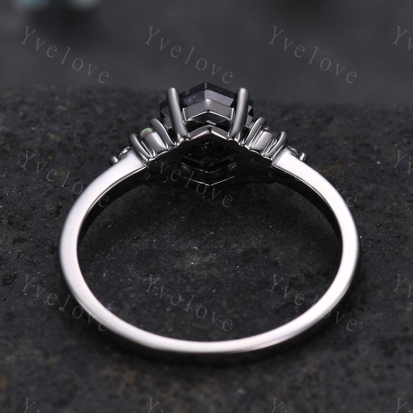 Unique Hexagon Black Rutilated Quartz Engagement Ring,White Fire Opal Diamond Rings,Black Silver Ring,Vintage Women Gift Bridal Promise Ring