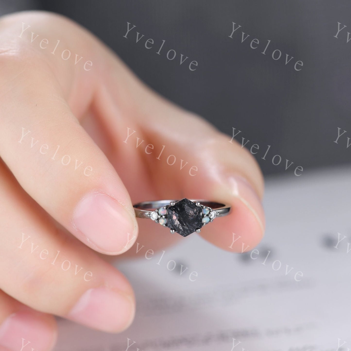 Unique Hexagon Black Rutilated Quartz Engagement Ring,White Fire Opal Diamond Rings,Black Silver Ring,Vintage Women Gift Bridal Promise Ring