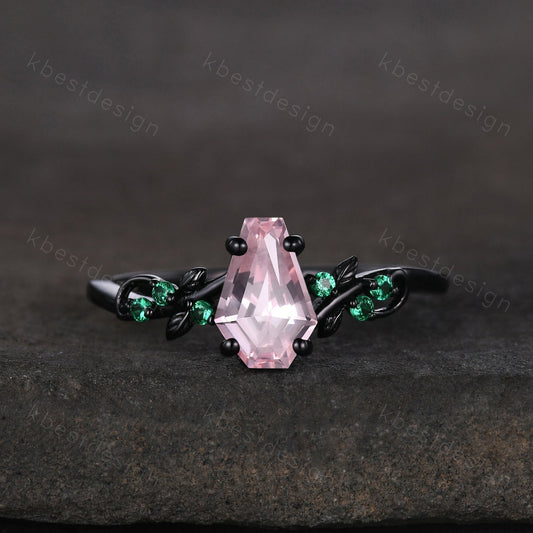 Coffin cut pink sapphire engagement ring Black gold ring Art deco leaf design emerald wedding ring nature inspired ring bridal promise ring