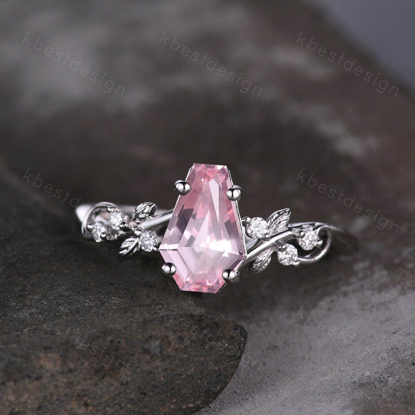 Coffin cut pink sapphire engagement ring silver ring Art deco leaf design moissanite wedding ring nature inspired ring bridal promise ring