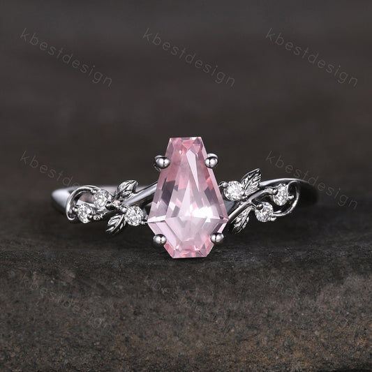 Coffin cut pink sapphire engagement ring silver ring Art deco leaf design moissanite wedding ring nature inspired ring bridal promise ring