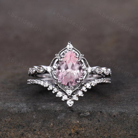 Vintage pink sapphire engagement ring sterling silver ring art deco curve stacking band pear shaped bridal set unique moissanite wedding set