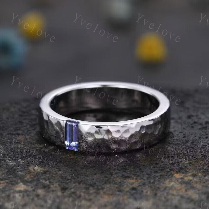 Mens Tanzanite Wedding Band Baguette Cut Tanzanite Band 5mm Black Gold Ring Mens Hammered Stacking Matching Band Retro Ring Gift For Father