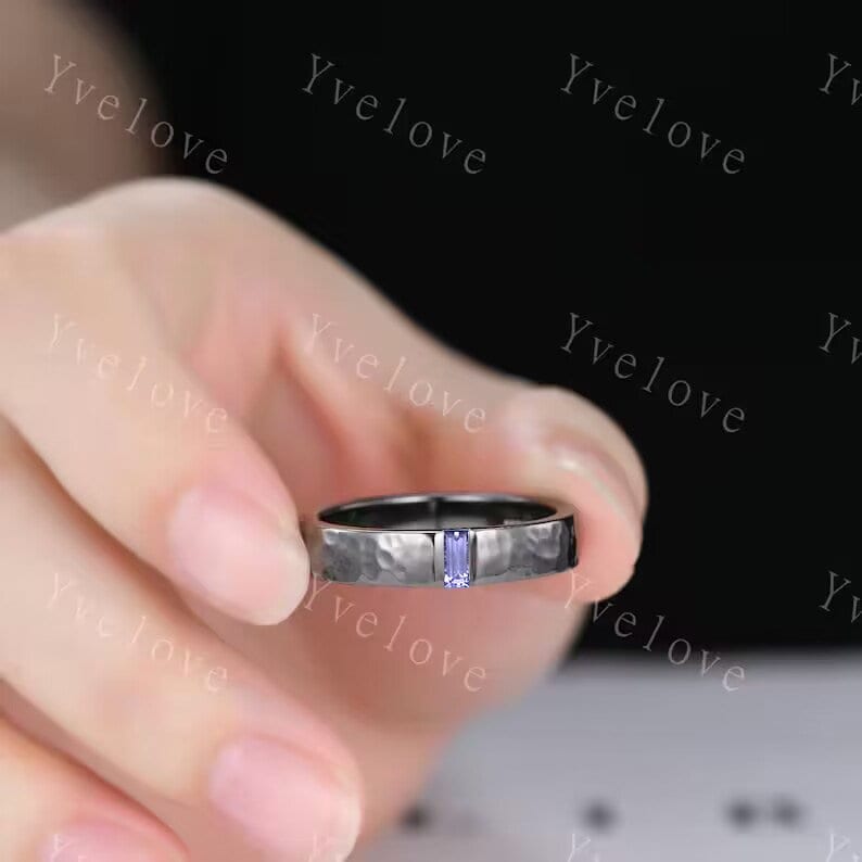 Mens Tanzanite Wedding Band Baguette Cut Tanzanite Band 5mm Black Gold Ring Mens Hammered Stacking Matching Band Retro Ring Gift For Father