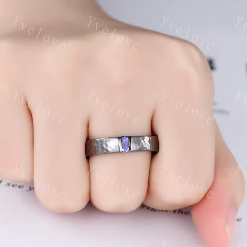 Mens Tanzanite Wedding Band Baguette Cut Tanzanite Band 5mm Black Gold Ring Mens Hammered Stacking Matching Band Retro Ring Gift For Father