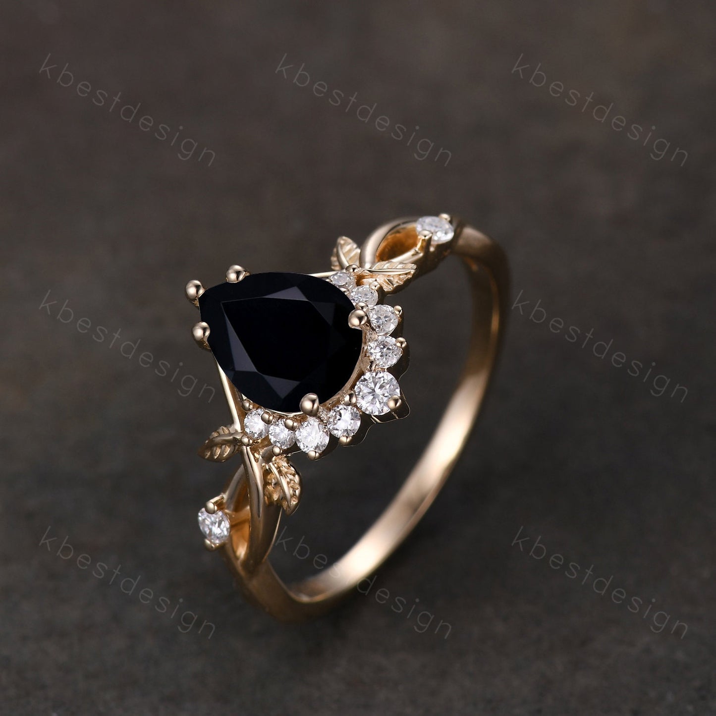 Vintage pear black onyx engagement ring yellow gold twig leaf wedding ring nature branch ring art deco moissanite bridal promise ring