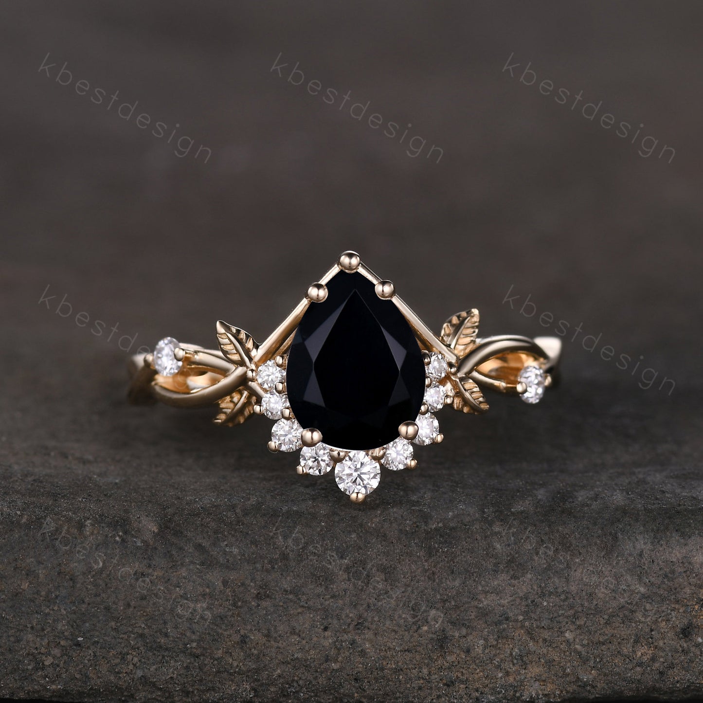 Vintage pear black onyx engagement ring yellow gold twig leaf wedding ring nature branch ring art deco moissanite bridal promise ring