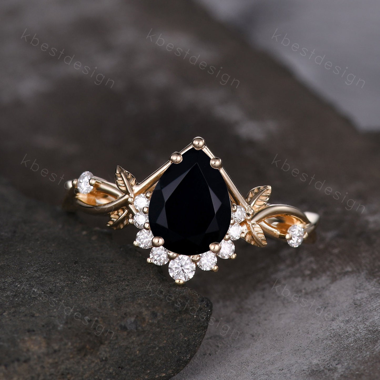 Vintage pear black onyx engagement ring yellow gold twig leaf wedding ring nature branch ring art deco moissanite bridal promise ring