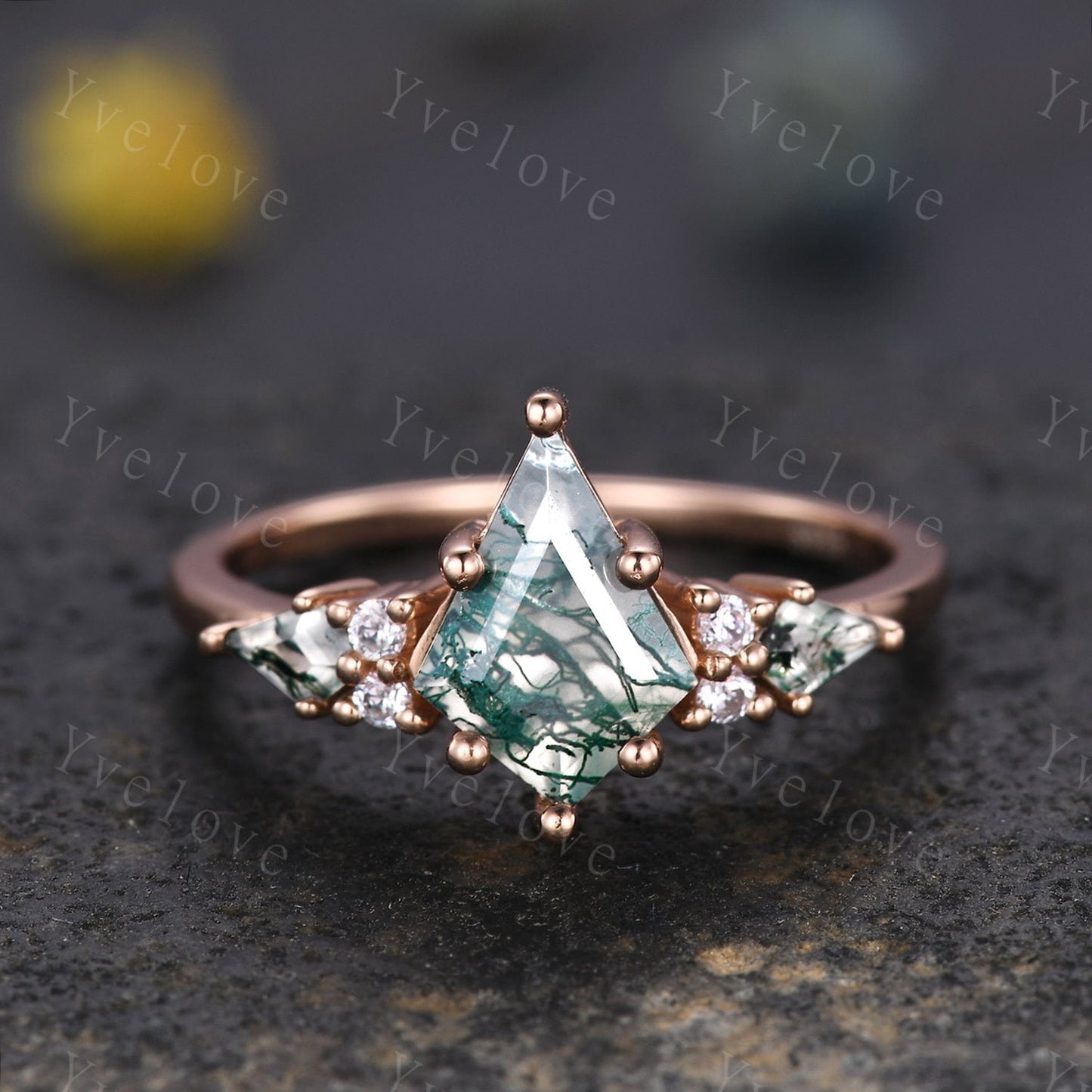 Natural Agate Engagement Ring Set Kite Green Moss Agate Ring Sterling Silver Ring Promise Ring Green Black Gemstone Anniversary Gift For Her