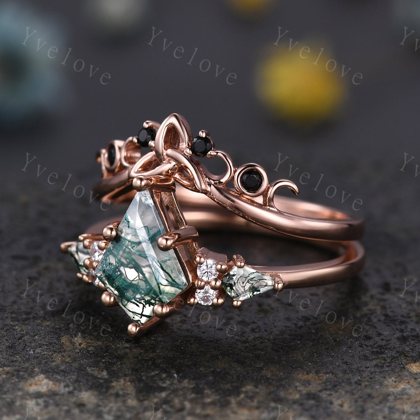 Natural Agate Engagement Ring Set Kite Green Moss Agate Ring Sterling Silver Ring Promise Ring Green Black Gemstone Anniversary Gift For Her