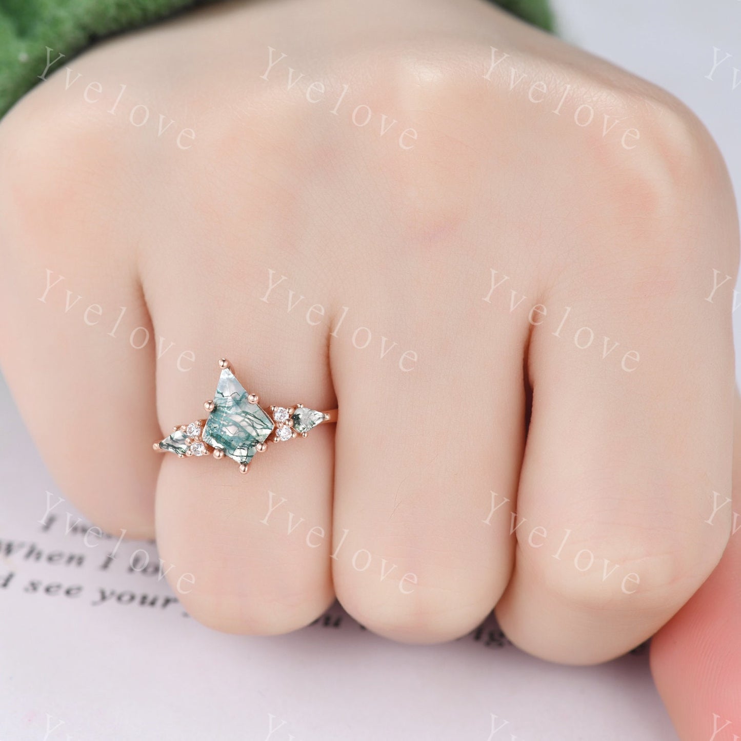 Natural Agate Engagement Ring Kite Green Moss Agate Ring Rose Gold Ring Promise Ring Real Diamond  Anniversary Gift For Her Personalized