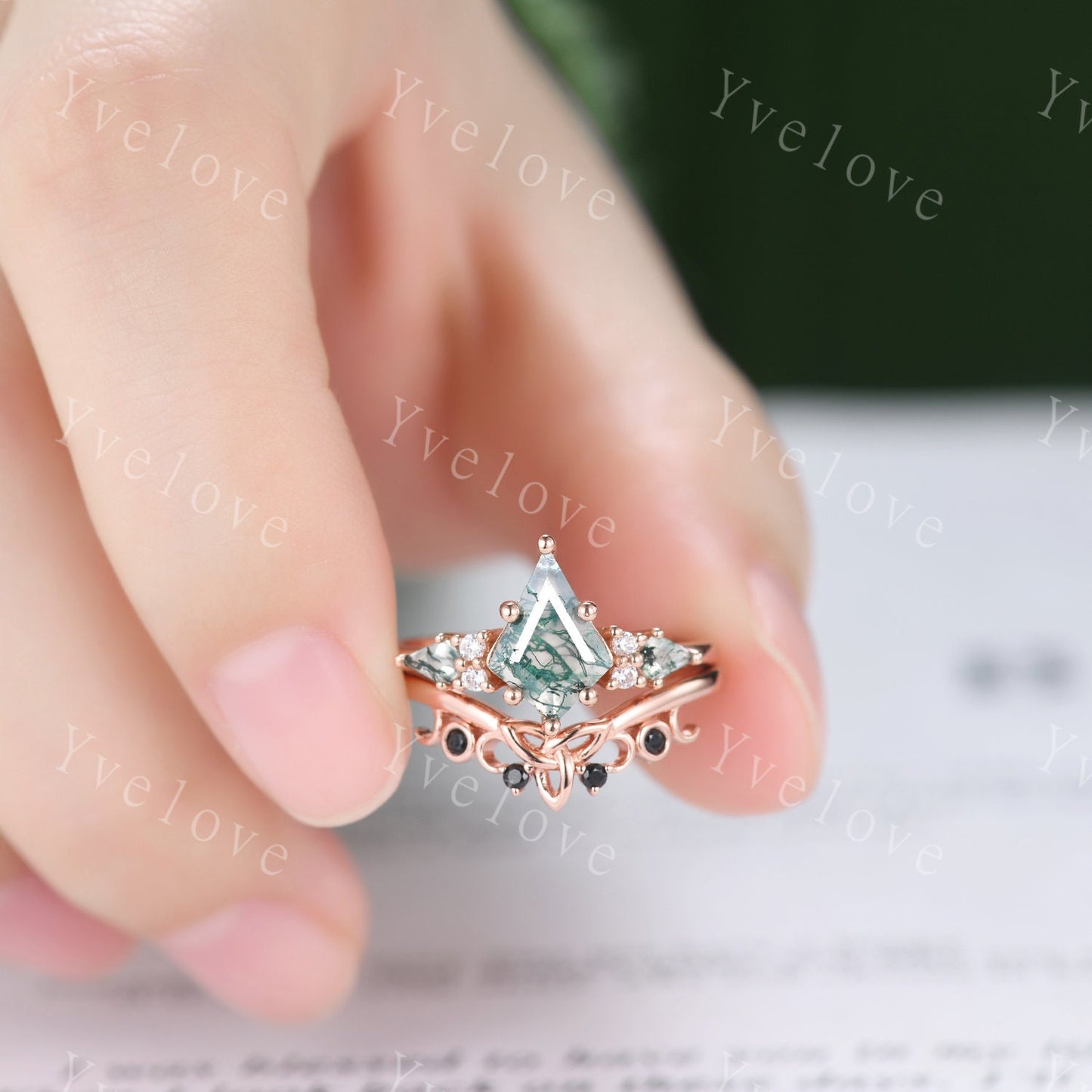 Natural Agate Engagement Ring Kite Green Moss Agate Ring Rose Gold Ring Promise Ring Real Diamond  Anniversary Gift For Her Personalized