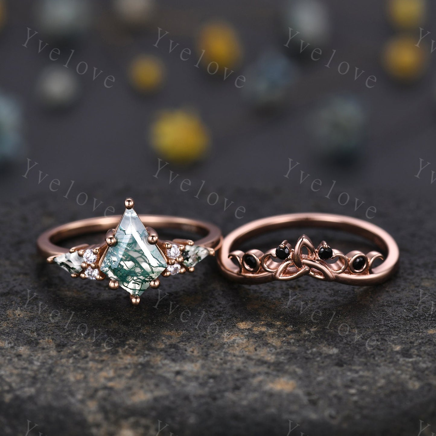 Natural Agate Engagement Ring Set Kite Green Moss Agate Ring Sterling Silver Ring Promise Ring Green Black Gemstone Anniversary Gift For Her