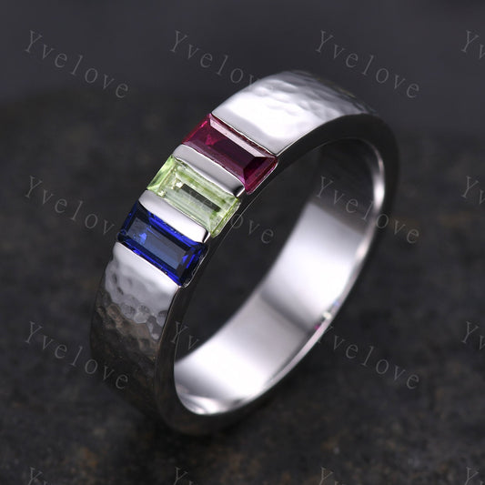 Retro Mens Baguette Peridot Ruby Sapphire Wedding Band 5mm Hammered Band Silver Ring Mens Stackable Matching Band Birthstone Gift For Him
