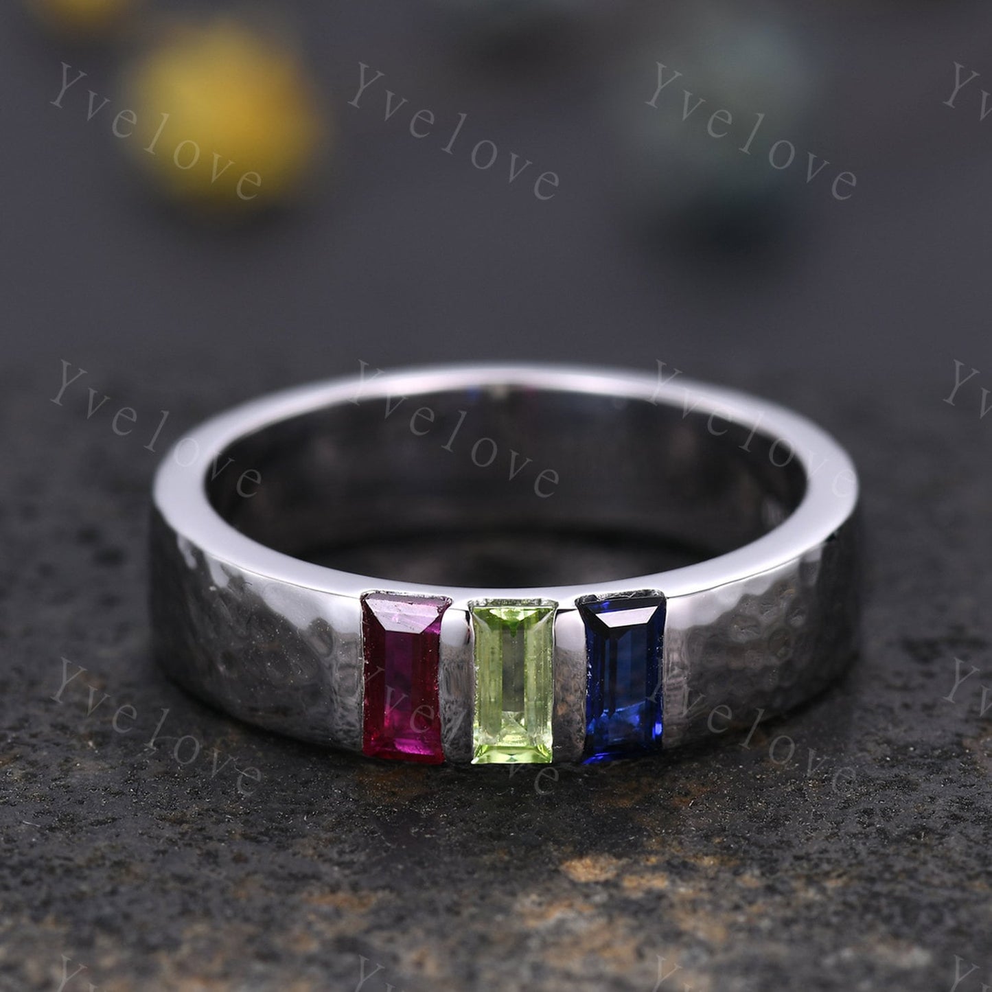 Retro Mens Baguette Peridot Ruby Sapphire Wedding Band 5mm Hammered Band Silver Ring Mens Stackable Matching Band Birthstone Gift For Him