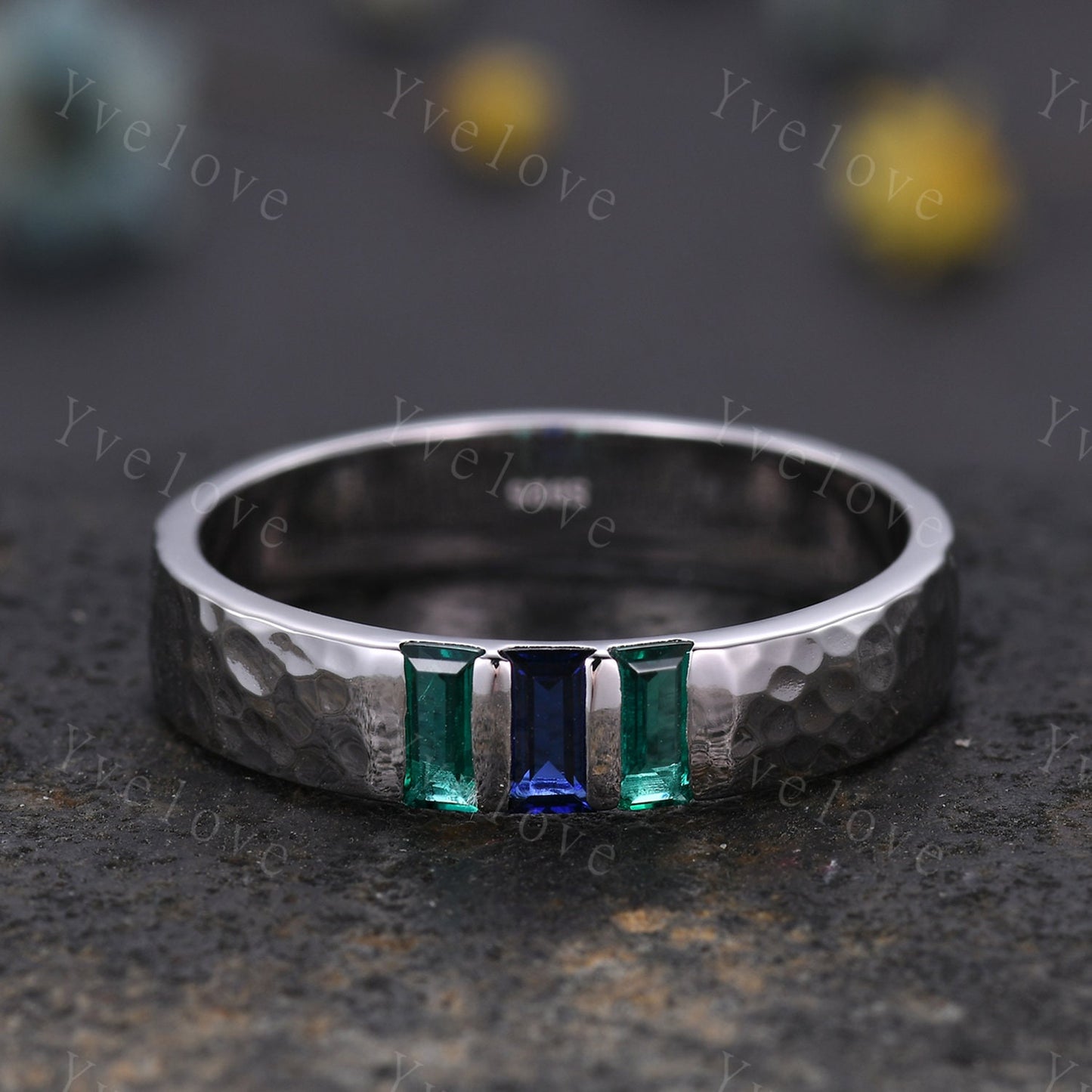 Retro Mens Baguette Sapphire Emerald Wedding Band 5mm Hammered Band Platinum Ring Men Stackable Matching Band Family Birthstone Gift For Him