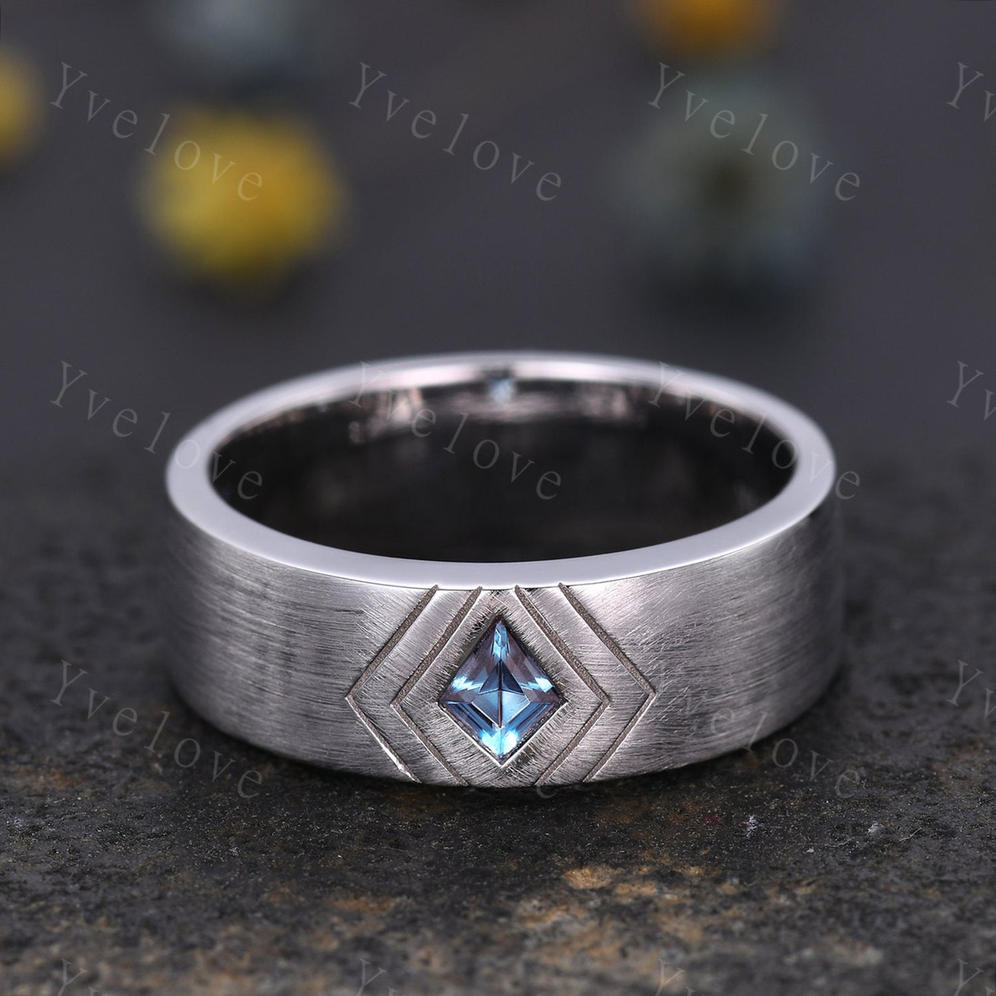 7mm Mens Kite Cut Alexandrite Wedding Band Alexandrite Engagement Ring Brushed Finish Band Mens Stacking Band His Wedding band Platinum band