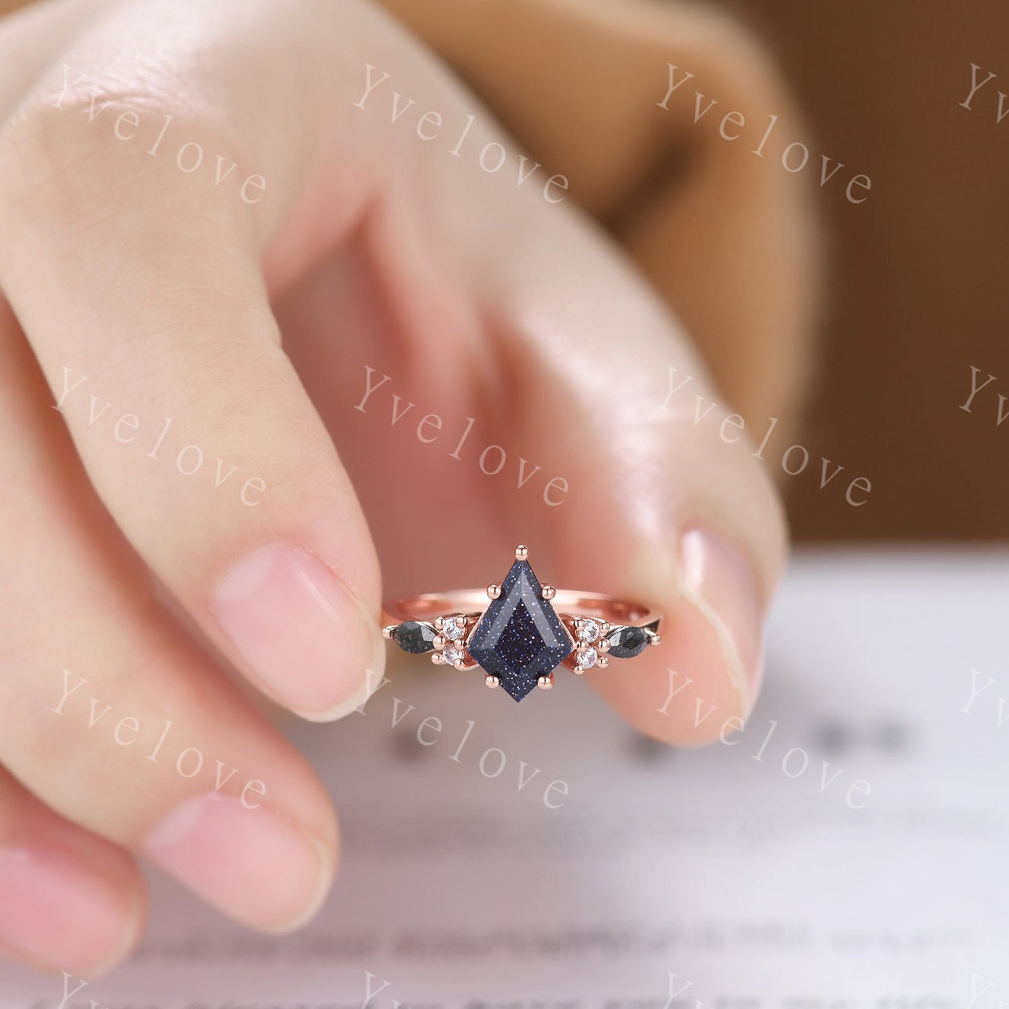 Gothic Kite Cut Sandstone Engagement Ring,Unique Bridal Ring,Marquise Black Rutilated Quartz,Galaxy Sandstone Promise Ring Gift For her