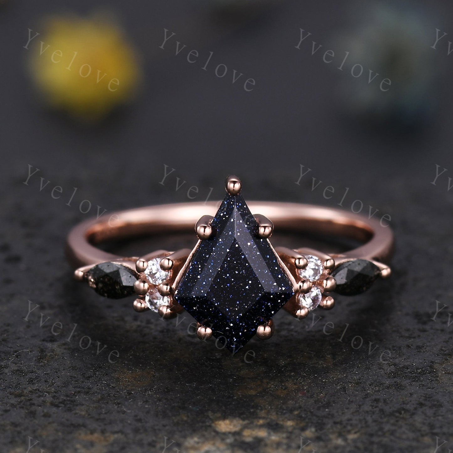 Vintage Kite Cut Sandstone Engagement Ring Set,Unique Bridal Ring,Marquise Black Rutilated Quartz,White Gold Galaxy Black Anniversary Ring