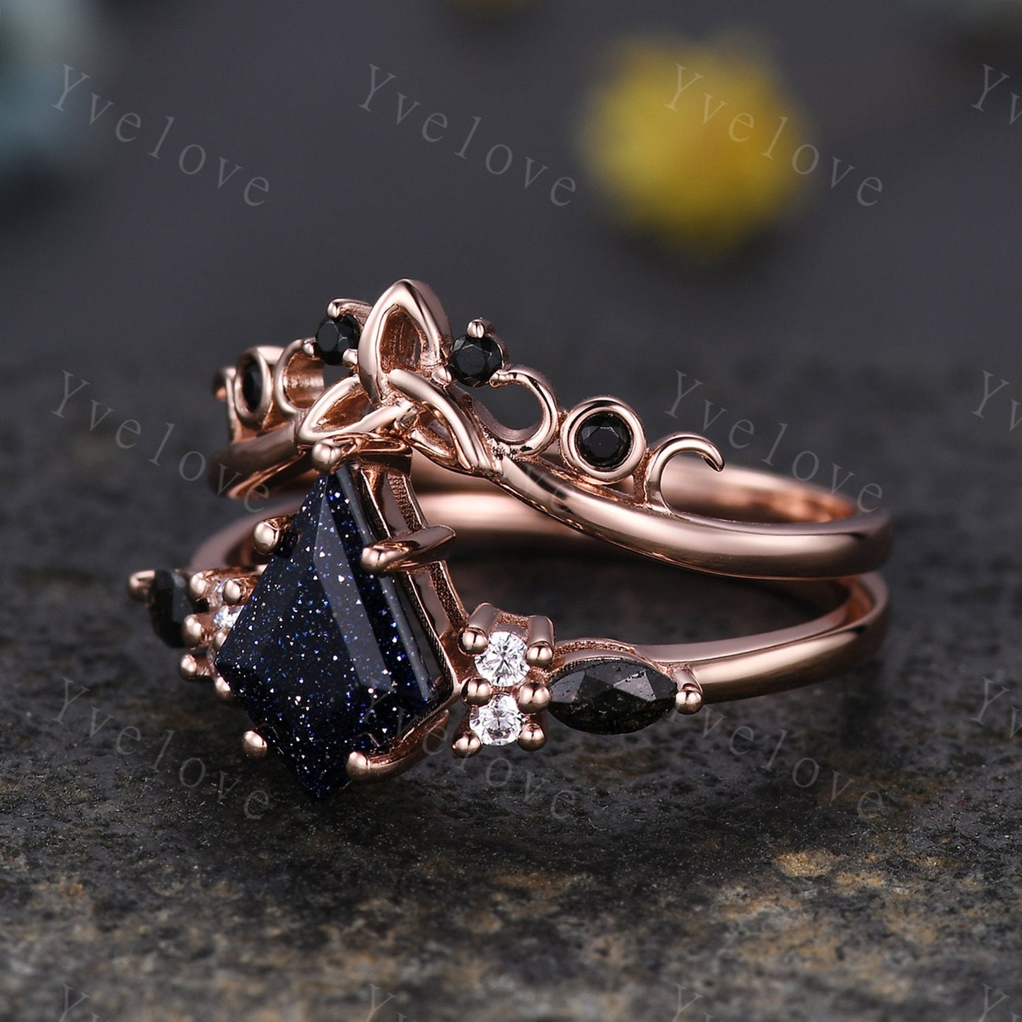 Vintage Kite Cut Sandstone Engagement Ring Set,Unique Bridal Ring,Marquise Black Rutilated Quartz,White Gold Galaxy Black Anniversary Ring