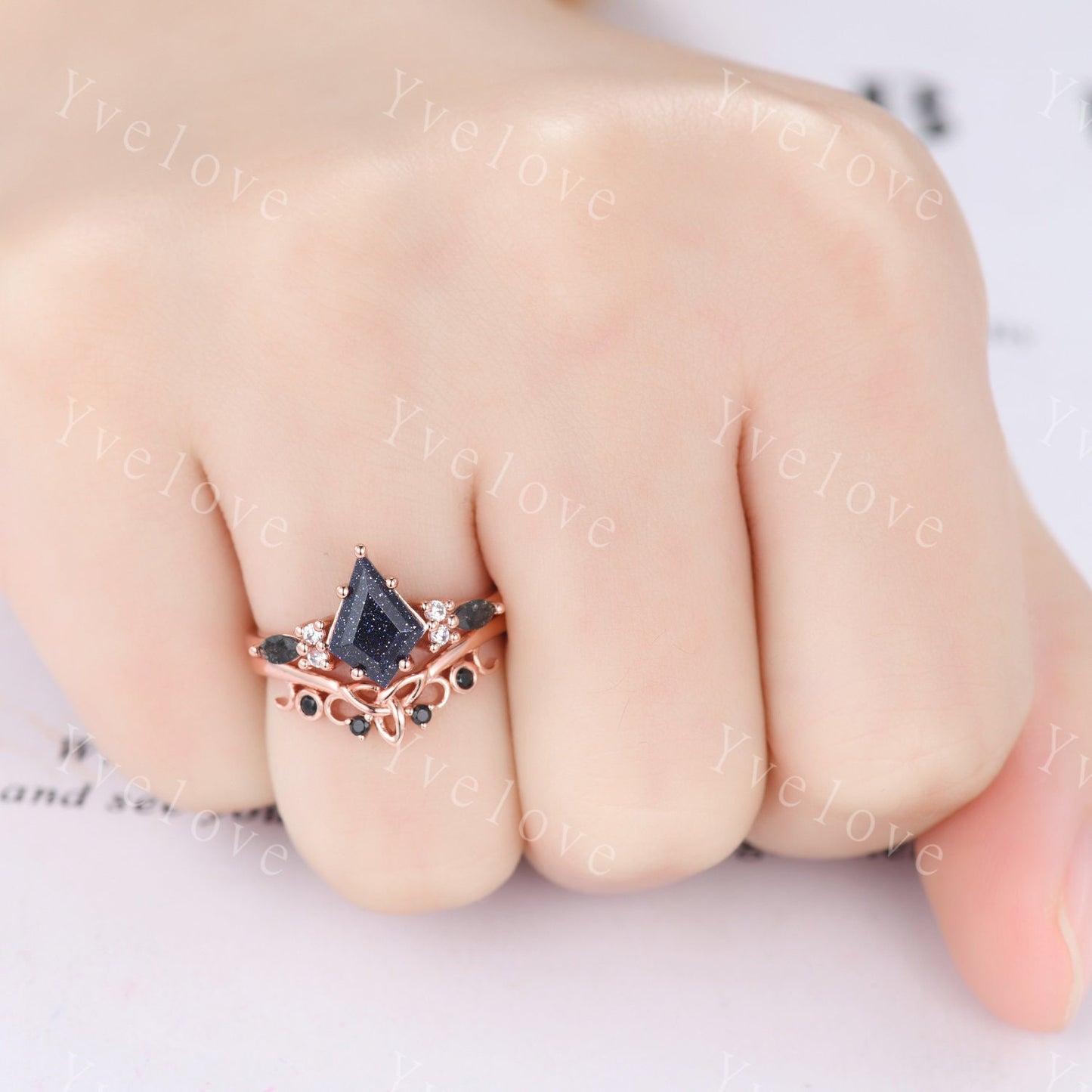 Vintage Kite Cut Sandstone Engagement Ring Set,Unique Bridal Ring,Marquise Black Rutilated Quartz,White Gold Galaxy Black Anniversary Ring