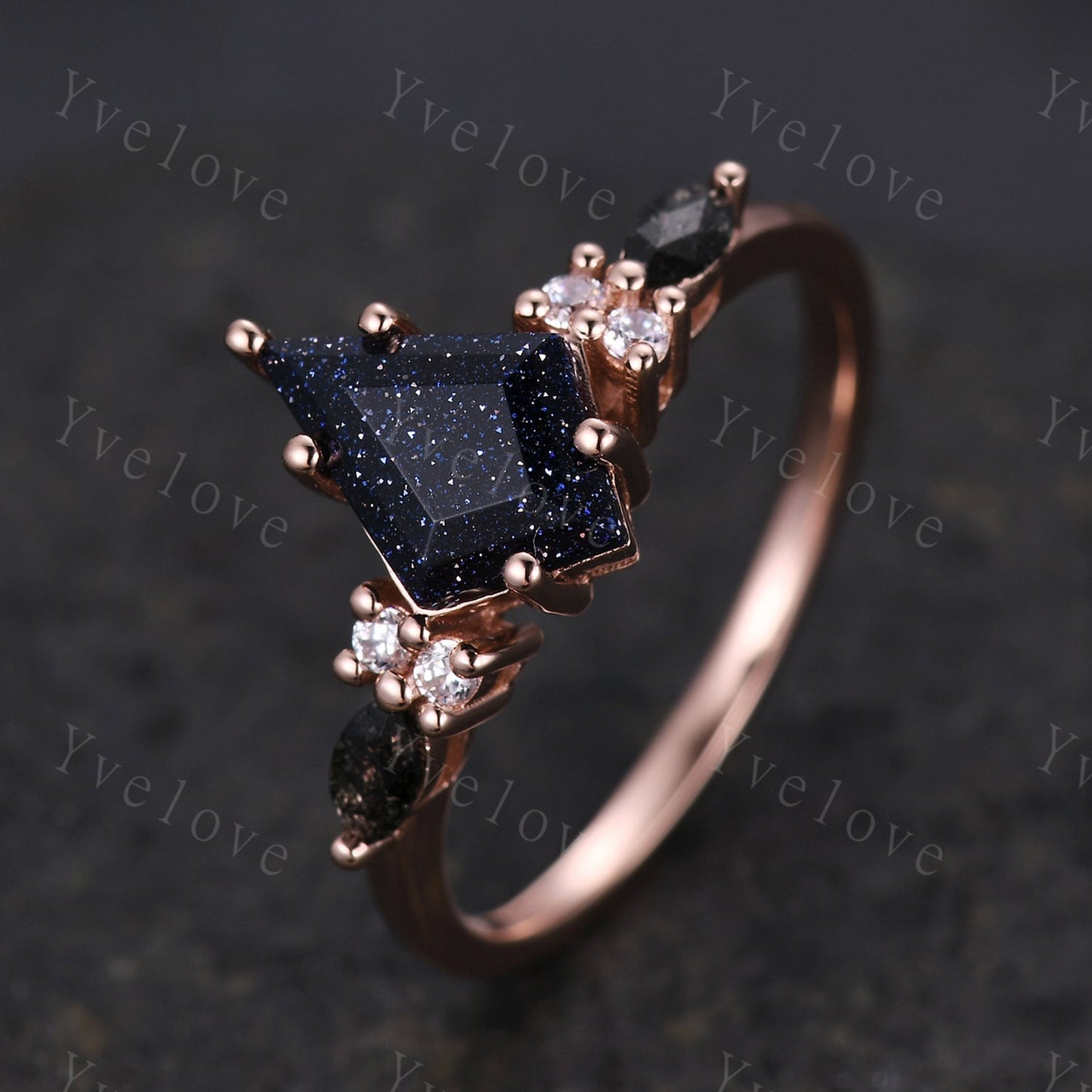 Gothic Kite Cut Sandstone Engagement Ring,Unique Bridal Ring,Marquise Black Rutilated Quartz,Galaxy Sandstone Promise Ring Gift For her