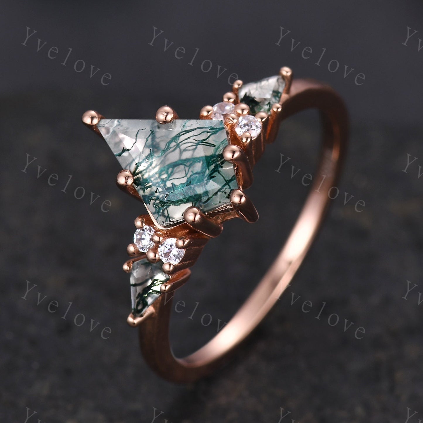 Natural Agate Engagement Ring Kite Green Moss Agate Ring Rose Gold Ring Promise Ring Real Diamond  Anniversary Gift For Her Personalized
