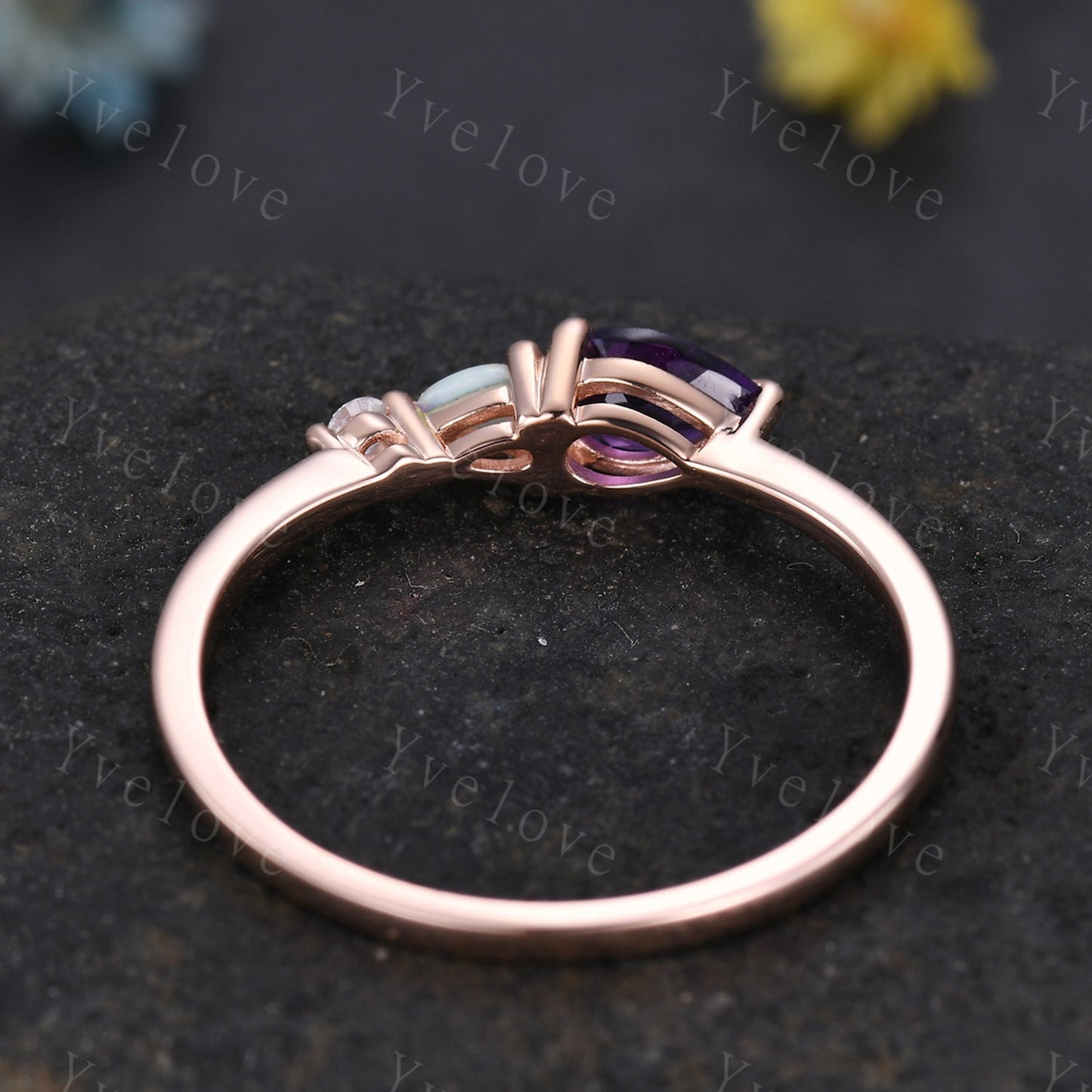 Vintage Amethyst Natural Opal Engagement Ring,Pear Cut Gems,Art Deco Diamond Wedding Band,3 Stone Unique Women Rose Gold Bridal Promise Ring