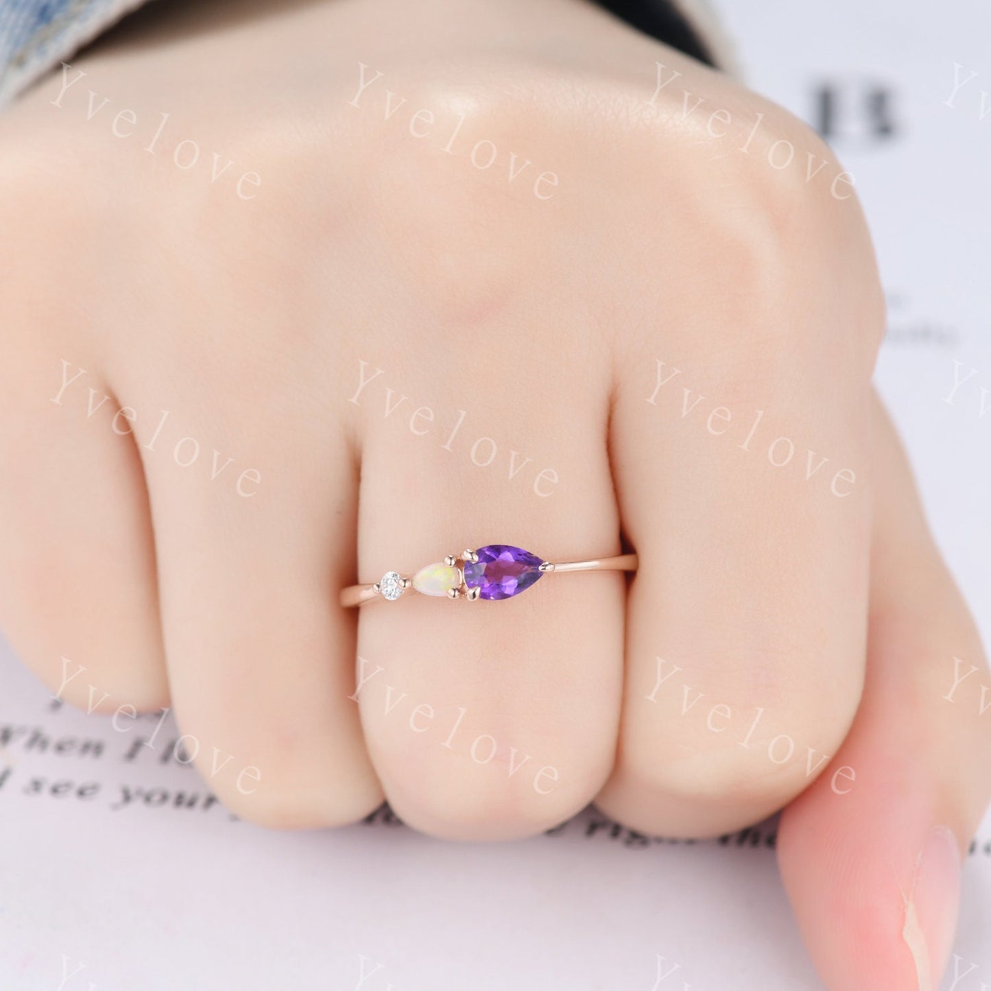 Vintage Amethyst Natural Opal Engagement Ring,Pear Cut Gems,Art Deco Diamond Wedding Band,3 Stone Unique Women Rose Gold Bridal Promise Ring
