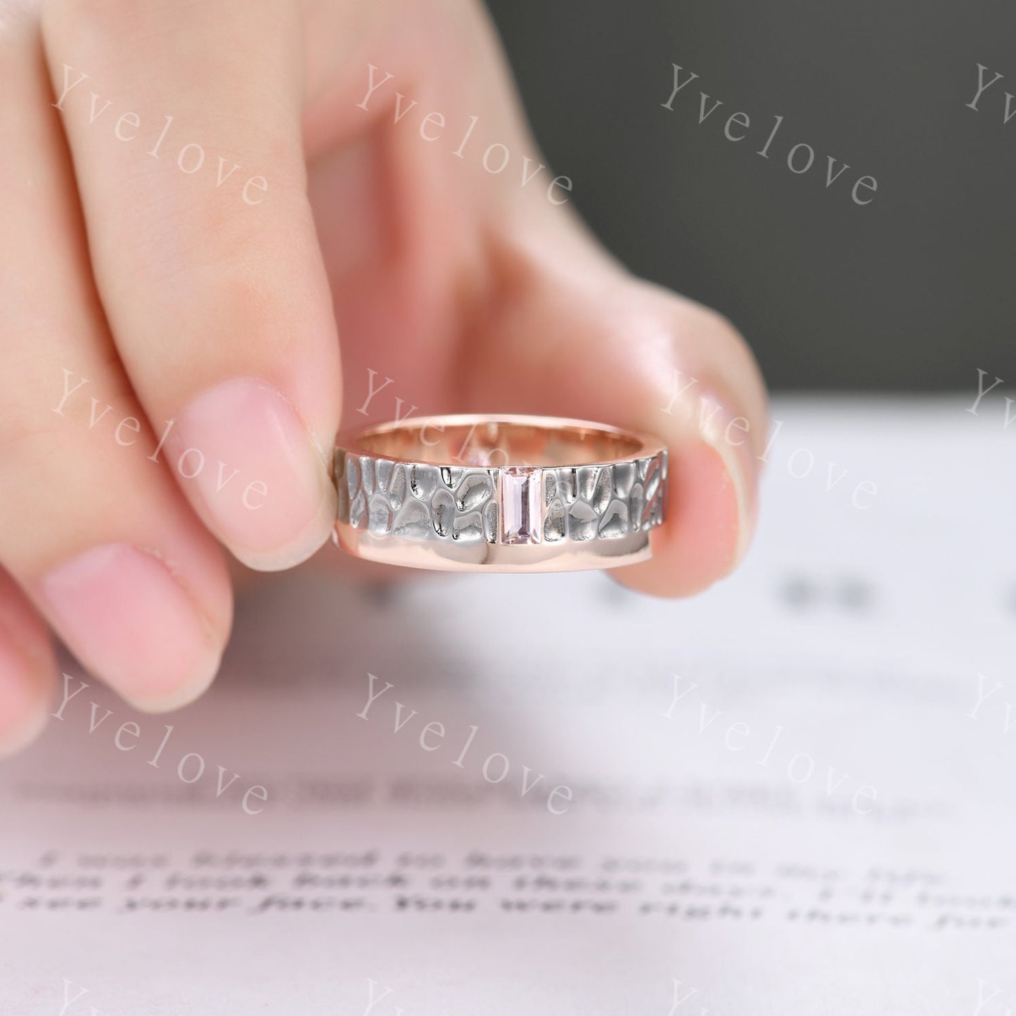 Antique Mens Morganite Wedding Band Baguette Cut Morganite Ring Rose Gold Hammered Finish Stacking Matching Band Retro Vintage Ring Gift