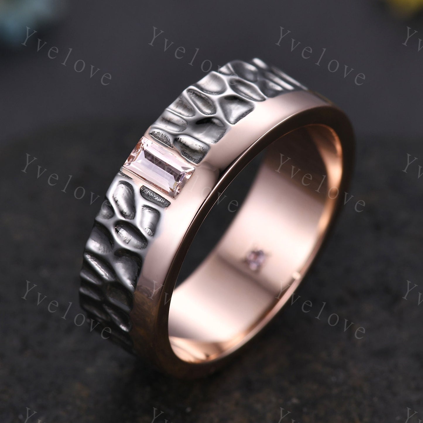 Antique Mens Morganite Wedding Band Baguette Cut Morganite Ring Rose Gold Hammered Finish Stacking Matching Band Retro Vintage Ring Gift