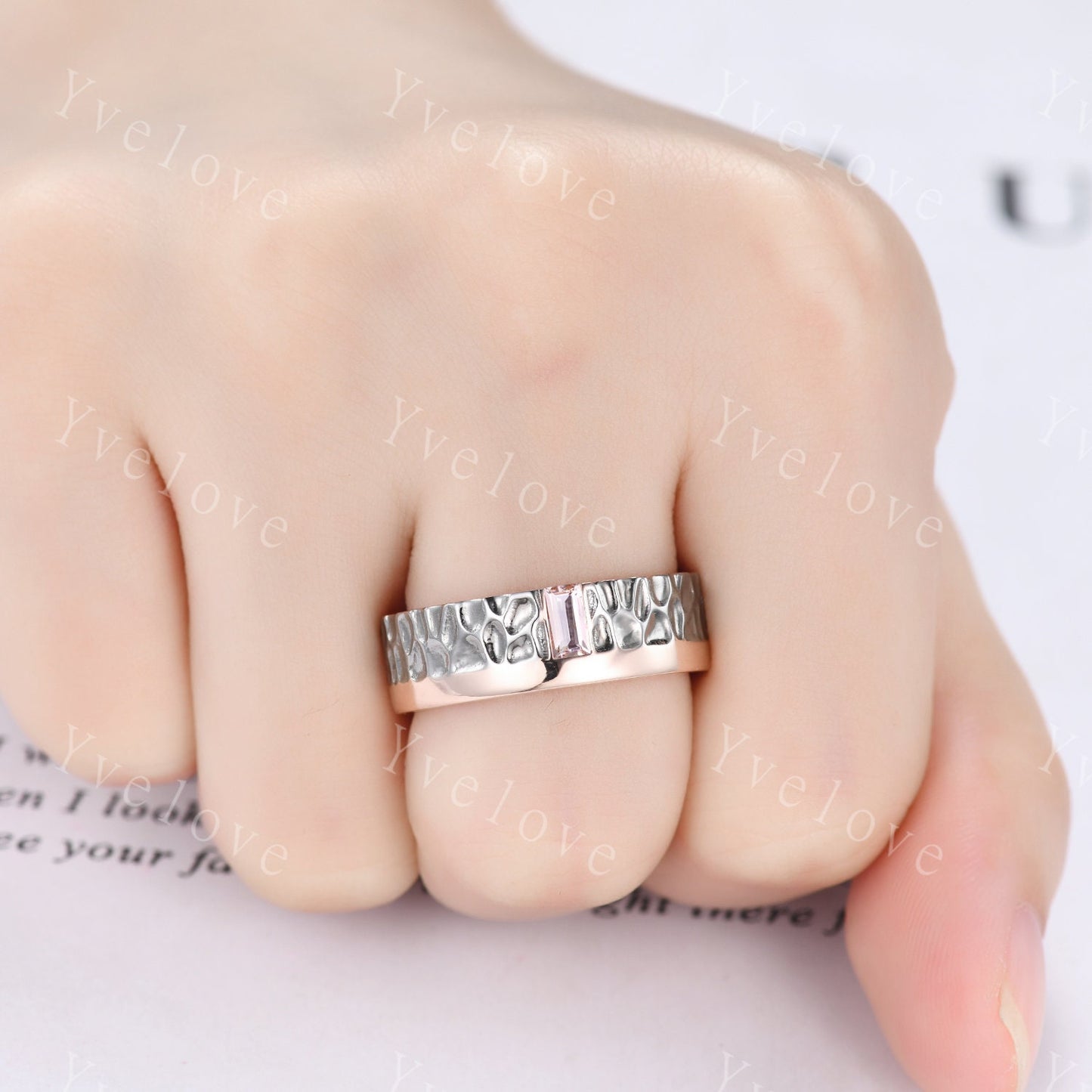 Antique Mens Morganite Wedding Band Baguette Cut Morganite Ring Rose Gold Hammered Finish Stacking Matching Band Retro Vintage Ring Gift