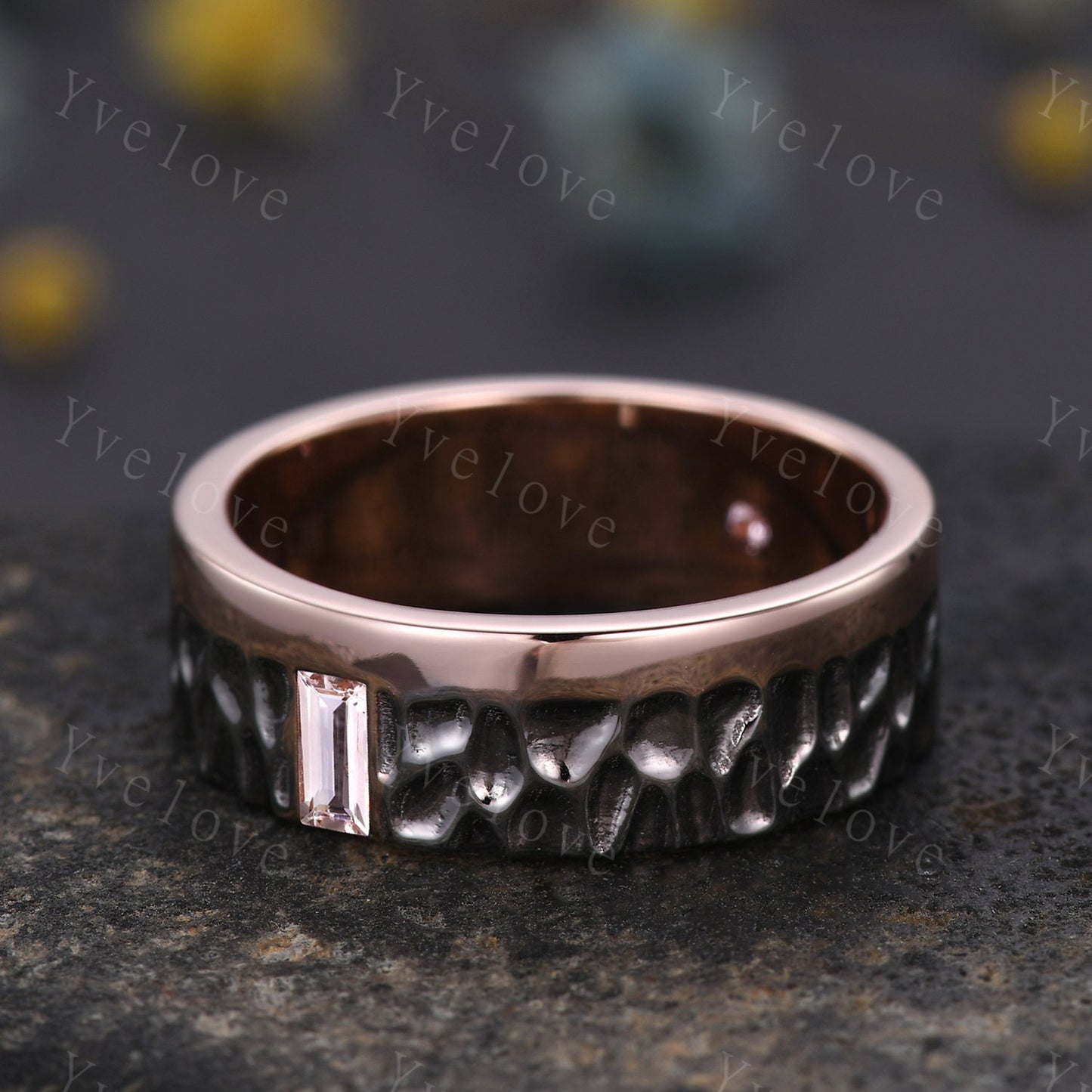 Antique Mens Morganite Wedding Band Baguette Cut Morganite Ring Rose Gold Hammered Finish Stacking Matching Band Retro Vintage Ring Gift