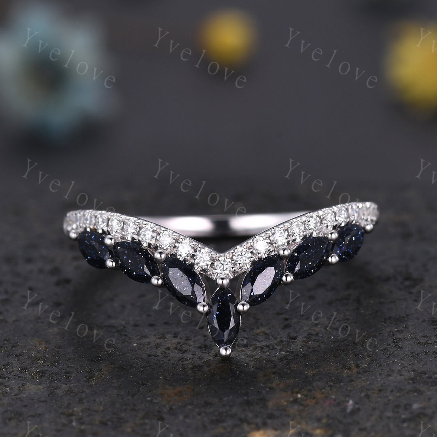 Unique Blue Sandstone wedding ring,Blue gem wedding band,Marquise Blue Sandstone ring,Curved V stacking rings,Diamond Ring,Vintage gold ring