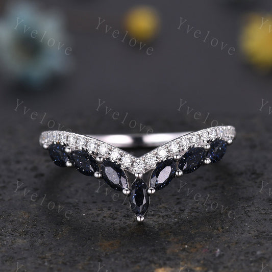 Unique Blue Sandstone wedding ring,Blue gem wedding band,Marquise Blue Sandstone ring,Curved V stacking rings,Diamond Ring,Vintage gold ring