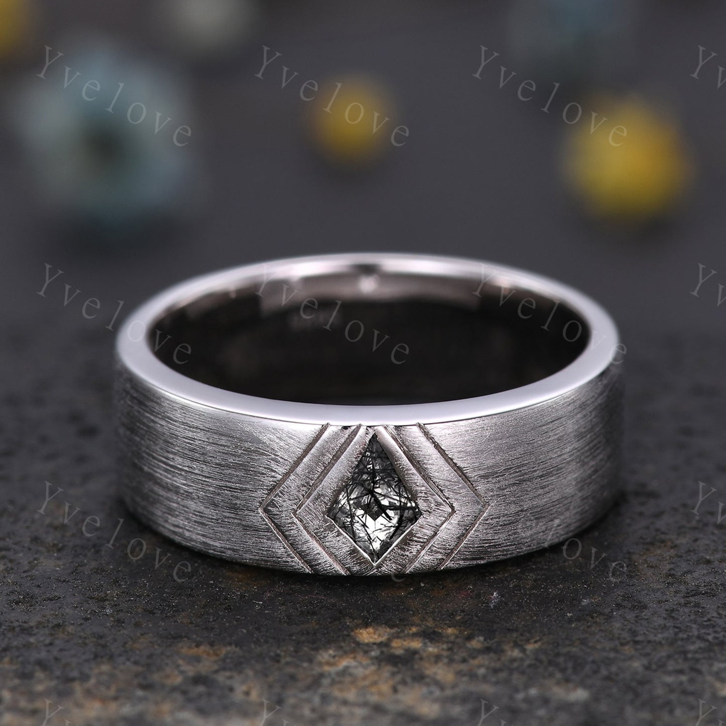 7mm White Gold Mens Kite Cut Black Quartz Wedding Band Black Jewelry Engagement Ring Matt Finish Band Mens Stacking Band His Wedding band
