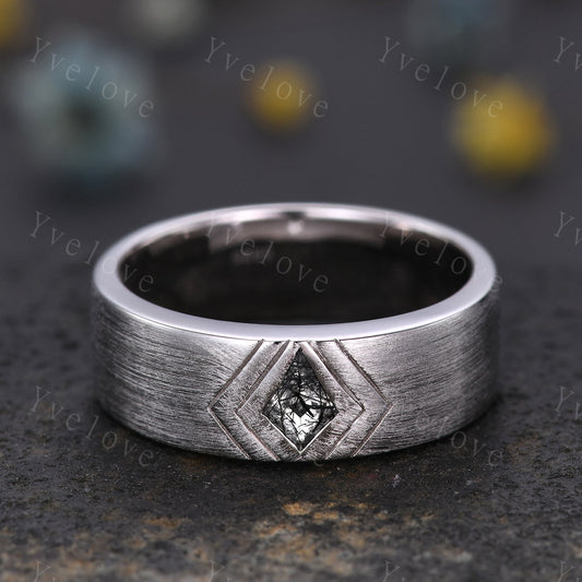 7mm White Gold Mens Kite Cut Black Quartz Wedding Band Black Jewelry Engagement Ring Matt Finish Band Mens Stacking Band His Wedding band