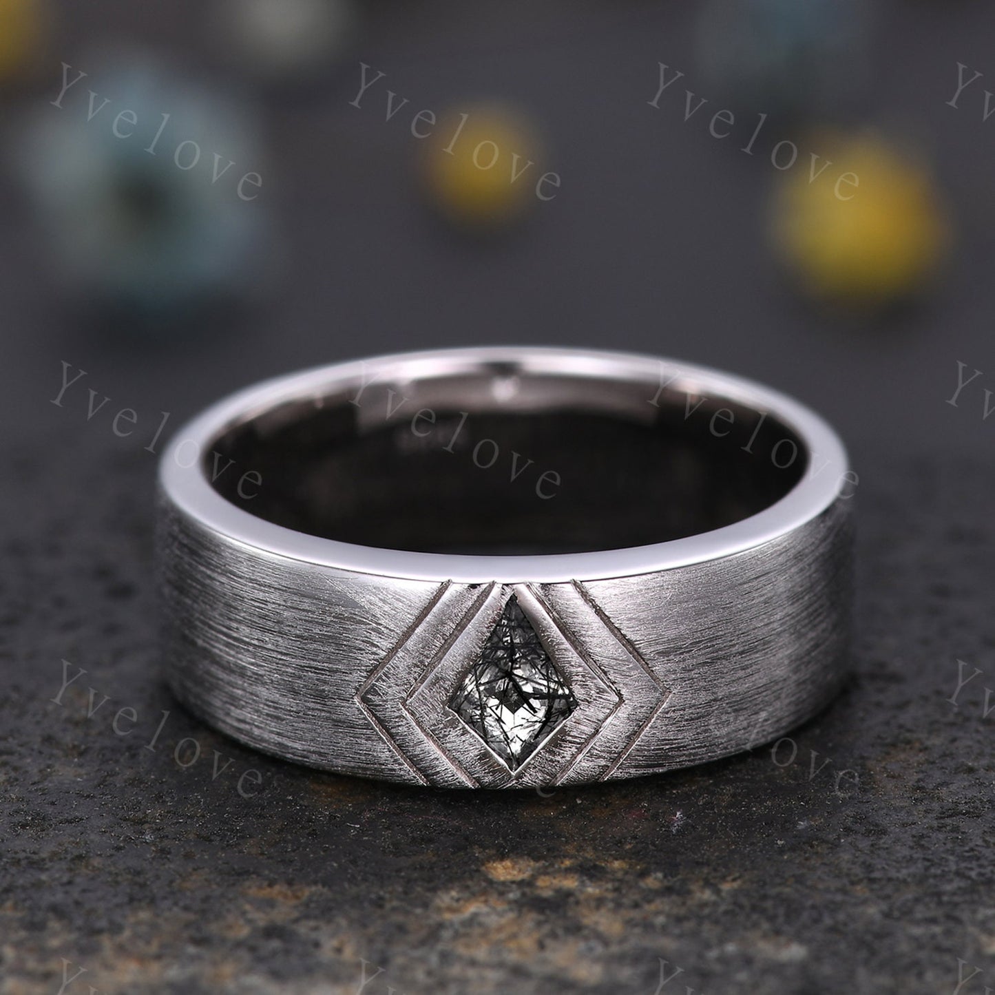 7mm Solid Gold Mens Kite Cut Black Quartz Wedding Band Black Jewelry Engagement Ring Matt Finish Band Mens Stacking Band His Wedding band
