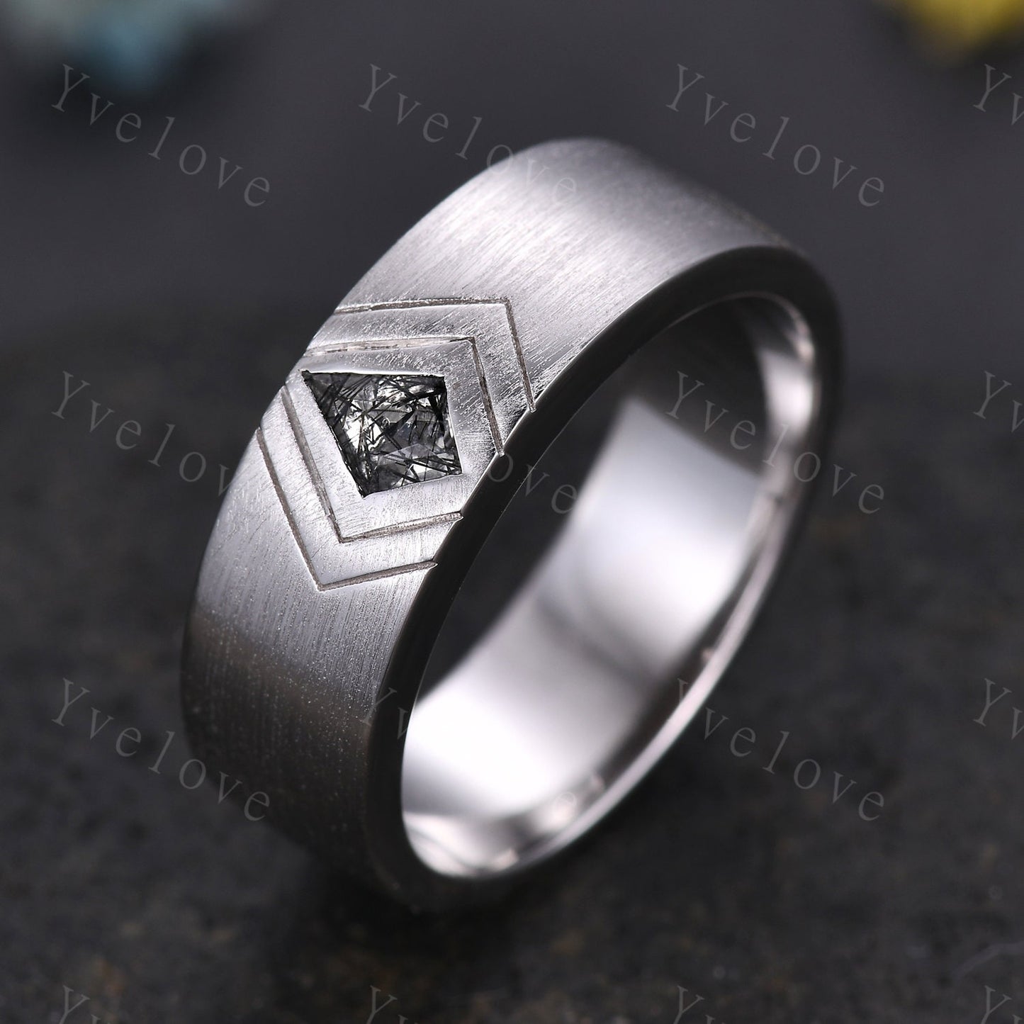 7mm White Gold Mens Kite Cut Black Quartz Wedding Band Black Jewelry Engagement Ring Matt Finish Band Mens Stacking Band His Wedding band