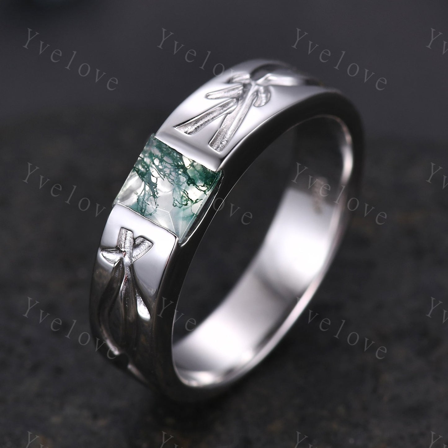 Dainty Moss Agate Twig Engagement Ring,Twig Matching Band,Leaf Band,Twig Branch Green Gems Wedding Band,14k White Gold,Twisted Stacking Band