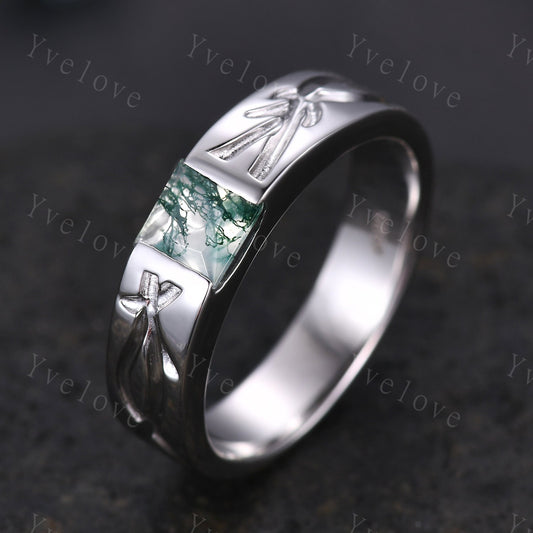 Vintage princess cut moss agate ring for men green agate stacking matching wedding band filigree ring stacking matching promise gift for him