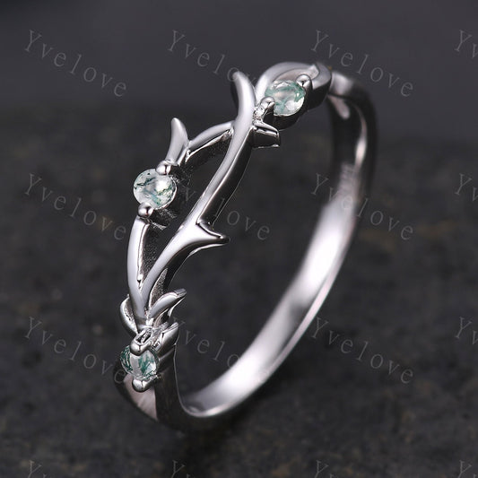 Dainty Moss Agate Twig Engagement Ring,Twig Matching Band,Leaf Band,Twig Branch Green Gems Wedding Band,14k White Gold,Twisted Stacking Band