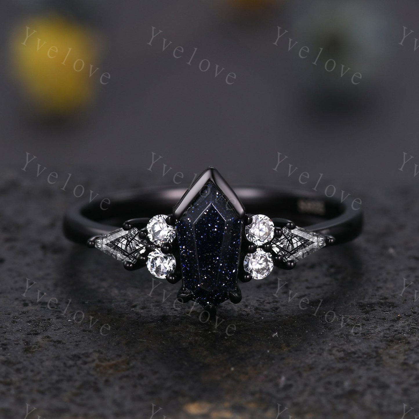 Gothic Shield Cut Sandstone Engagement Ring,Unique Nebula Ring,Kite Black Rutilated Quartz,Black Gold Galaxy Diamond Women Anniversary Gift